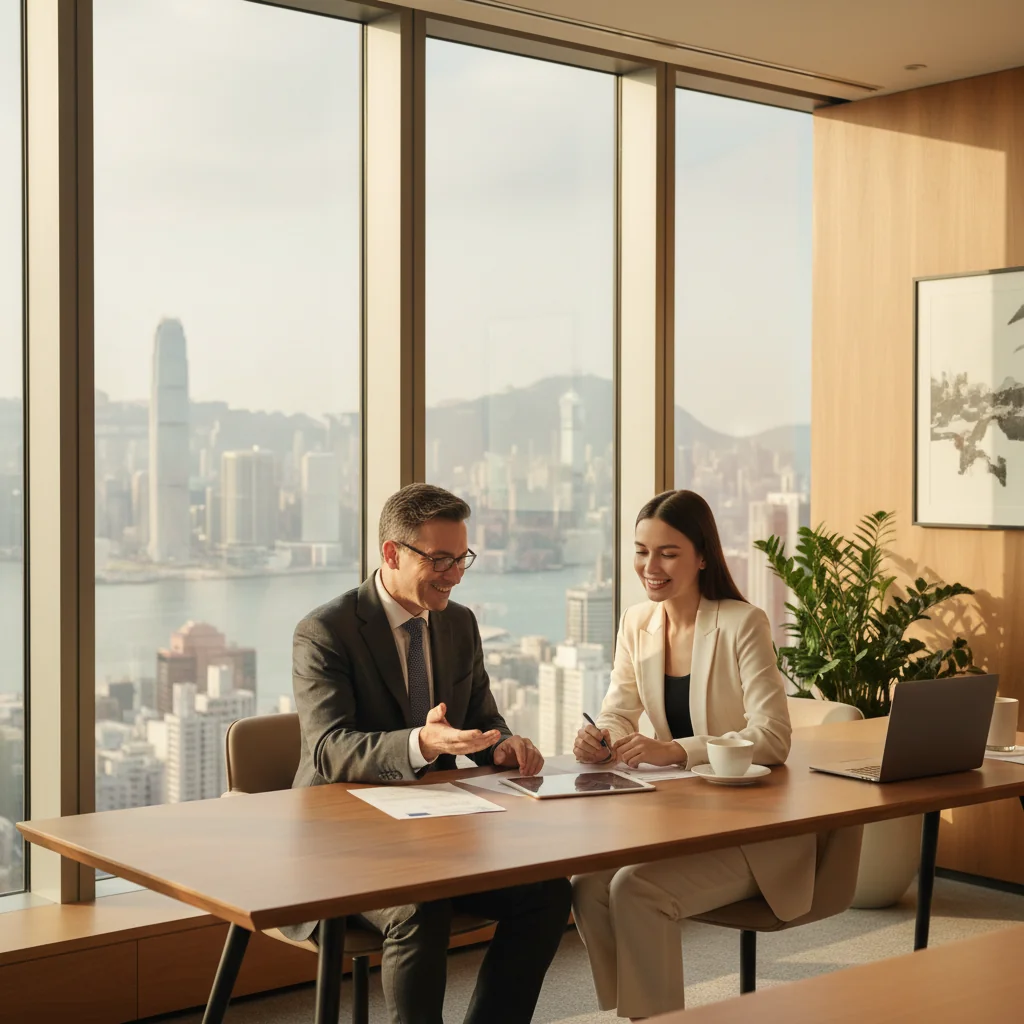 A photorealistic image of a professional mentor and a young adult student in a modern office setting in Hong Kong, engaged in a positive discussion about career advice, symbolizing the supportive nature of a recommendation letter. The scene captures the essence of guidance and opportunity without focusing on documents.