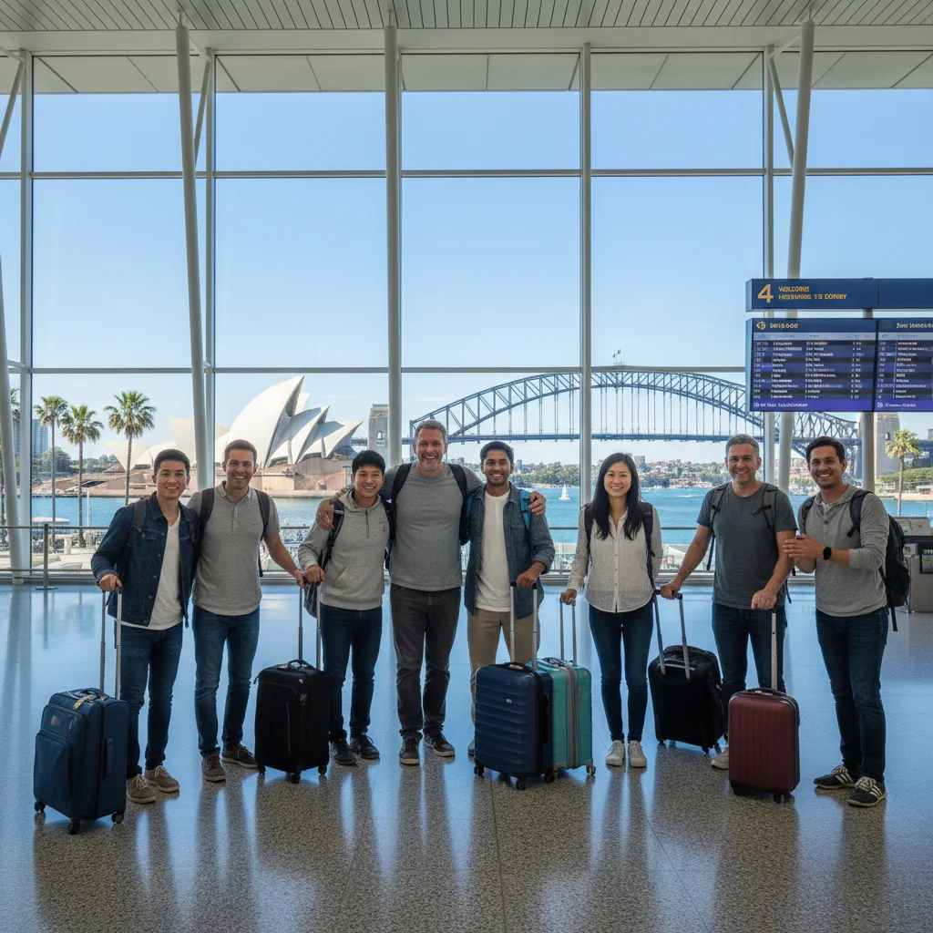 A photorealistic image of a diverse group of adults standing together in a welcoming airport arrival hall in Australia, symbolizing successful visa approval and new beginnings, with Australian landmarks like the Sydney Opera House visible in the background through large windows, conveying excitement and opportunity for immigration.
