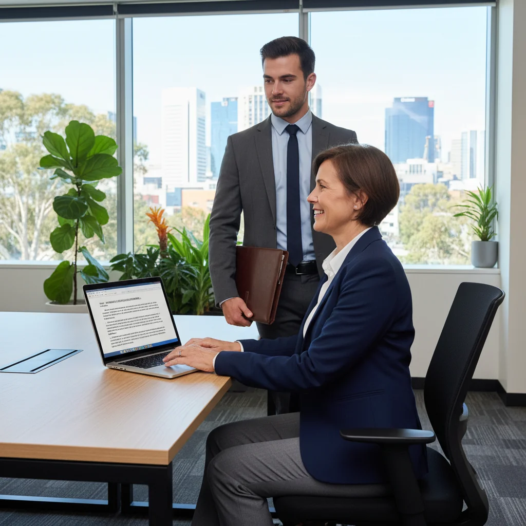 A photorealistic image of a professional mentor and a young adult employee shaking hands in a modern Australian office, symbolizing the endorsement and support provided by a reference letter for employment opportunities. The scene captures a moment of career advancement and trust, with Australian elements like a Sydney skyline view in the background. No children are present in the image.