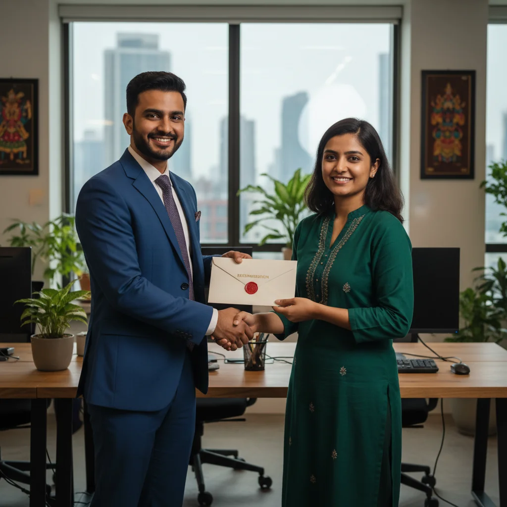 A photorealistic image of a professional adult in a business setting, shaking hands with another professional during a job interview or partnership meeting, symbolizing the role of recommendation letters in facilitating opportunities and connections in India, with subtle Indian cultural elements like traditional attire or office environment in the background.
