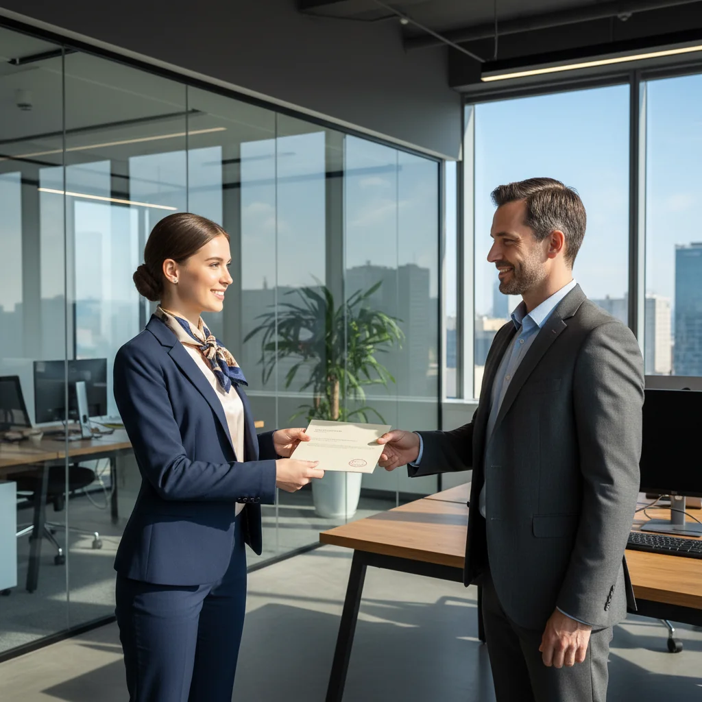 A photorealistic image depicting an adult professional receiving a recommendation letter from a mentor in a modern office setting, symbolizing career advancement for jobs and universities, with no children present.