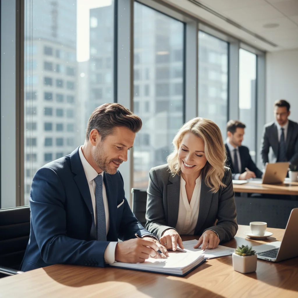 A photorealistic image of a professional adult employee in a modern office setting, shaking hands with a colleague during a performance review, symbolizing workplace evaluation and character reference, no children present.