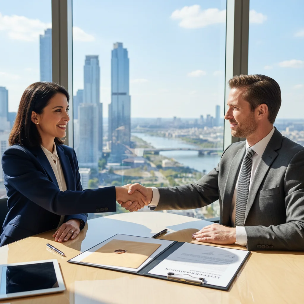 A photorealistic image of a professional adult in a modern office setting, shaking hands with a colleague during a job interview, symbolizing successful recommendation and career advancement in US job applications. The scene conveys confidence, professionalism, and opportunity, with no children present.