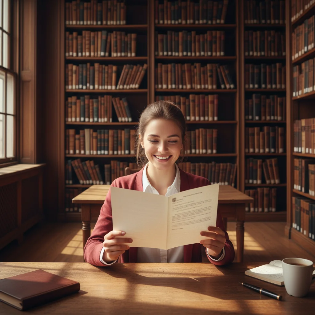 A photorealistic image of a young adult student in a university library, eagerly reading a recommendation letter from a professor, symbolizing academic achievement and university admission, with bookshelves and natural light in the background.