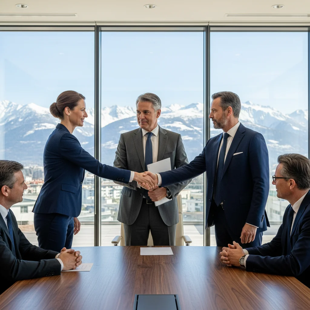 A photorealistic image of a professional business meeting in a modern Austrian corporate office, with adults shaking hands over a conference table, symbolizing trust, compliance, and background checks for corporate leadership roles, with subtle Austrian elements like alpine views through the window, no documents visible, no children present.