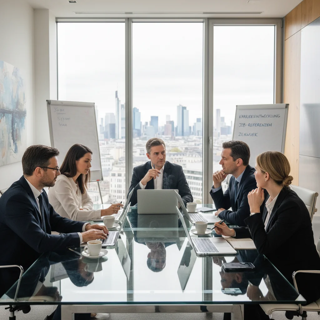 A photorealistic image of a professional business meeting in a modern German office, with adults discussing career progress and employment references, symbolizing the purpose of Arbeitszeugnis in evaluating job performance. No children are present. The scene captures a positive, collaborative atmosphere with diverse adult professionals.