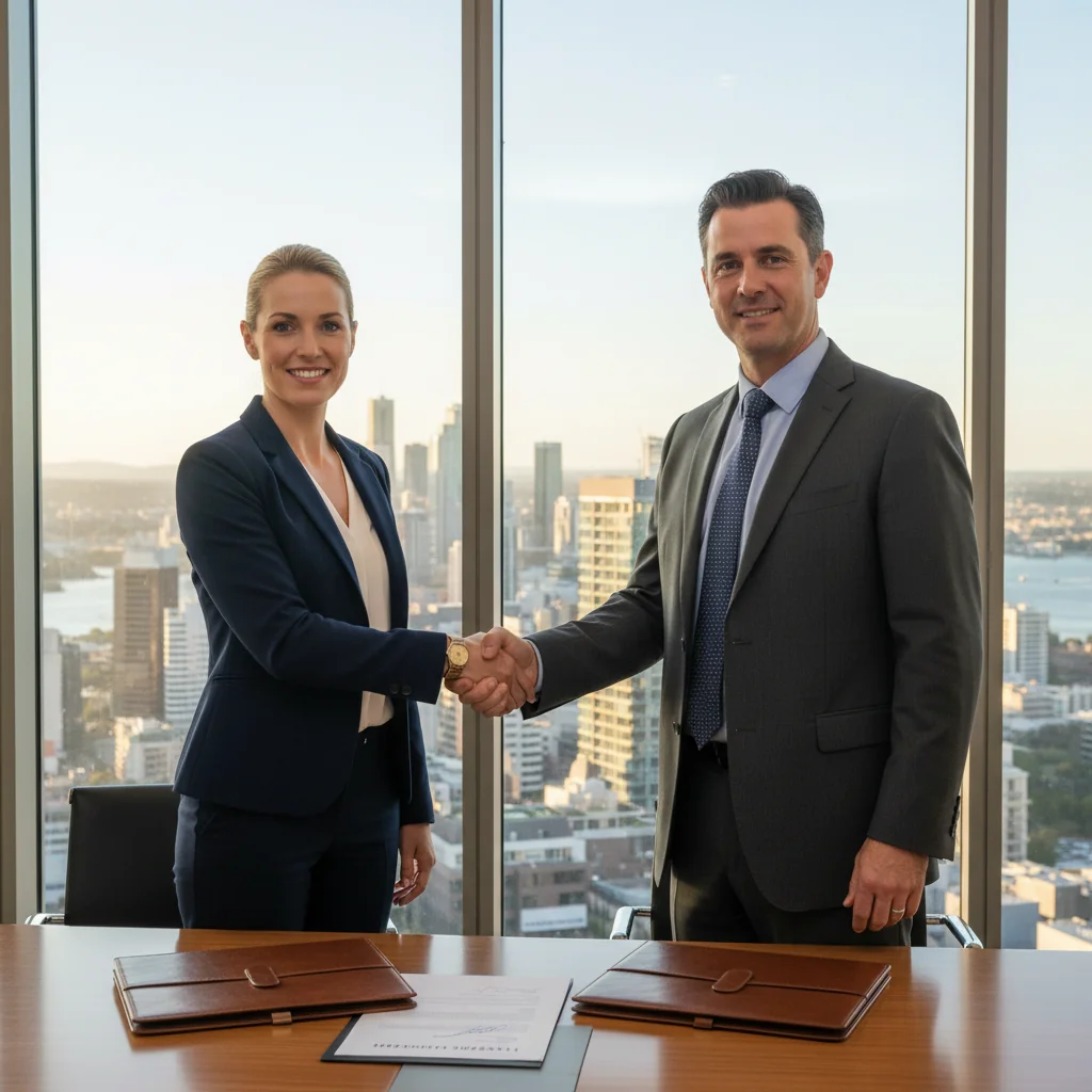 A professional business meeting in a modern Australian office, with adults shaking hands over a table, symbolizing trust and endorsement in corporate references, photorealistic style.