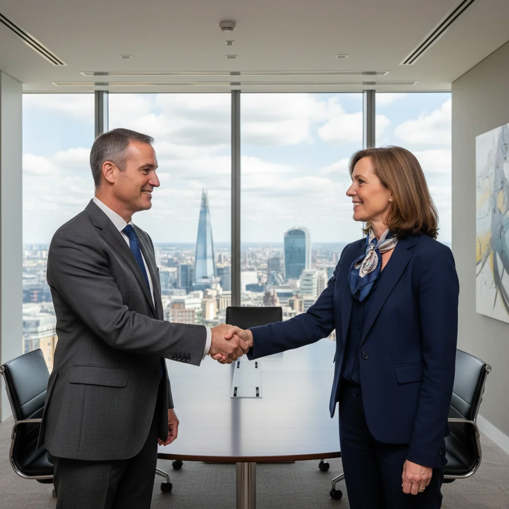 A photorealistic image of a professional business meeting in a modern UK office, where two adults in business attire are shaking hands across a conference table, symbolizing agreement and reference in corporate contexts. The scene includes elements like a Union Jack flag subtly in the background and professional adults only, no children present.