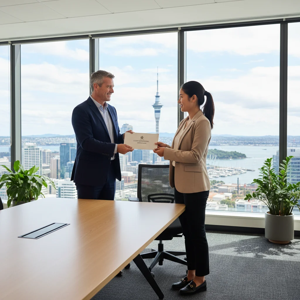A photorealistic image of a professional business meeting in a modern New Zealand office, where a manager is handing a reference letter to an employee, symbolizing career progression and professional endorsement. The scene includes adults in business attire, with New Zealand landmarks like the Sky Tower visible through the window, emphasizing the local context. No children are present.