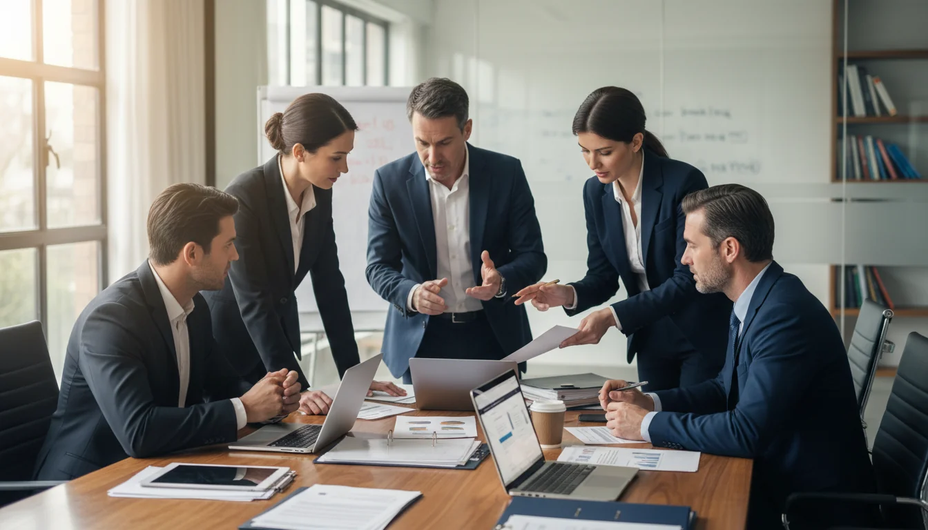 Corporate team reviewing documents
