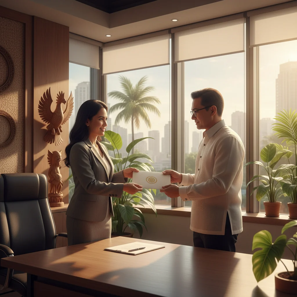 A photorealistic image of a professional in a modern Philippine office setting, shaking hands with a colleague during a job interview or promotion discussion, symbolizing the endorsement and recommendation process for corporate opportunities, with subtle Filipino cultural elements like a window view of Manila skyline, no children present, highly detailed and realistic photography style.
