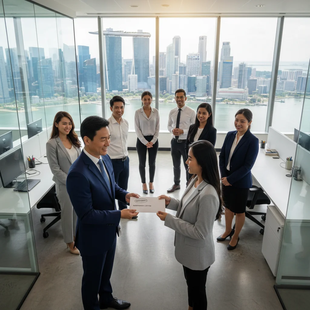A photorealistic image of a professional business meeting in a modern Singapore office, where a manager is handing a reference letter to an employee, symbolizing career progression and professional endorsement, with the Singapore skyline visible through large windows in the background, conveying trust and corporate reliability. No children are present in the image.