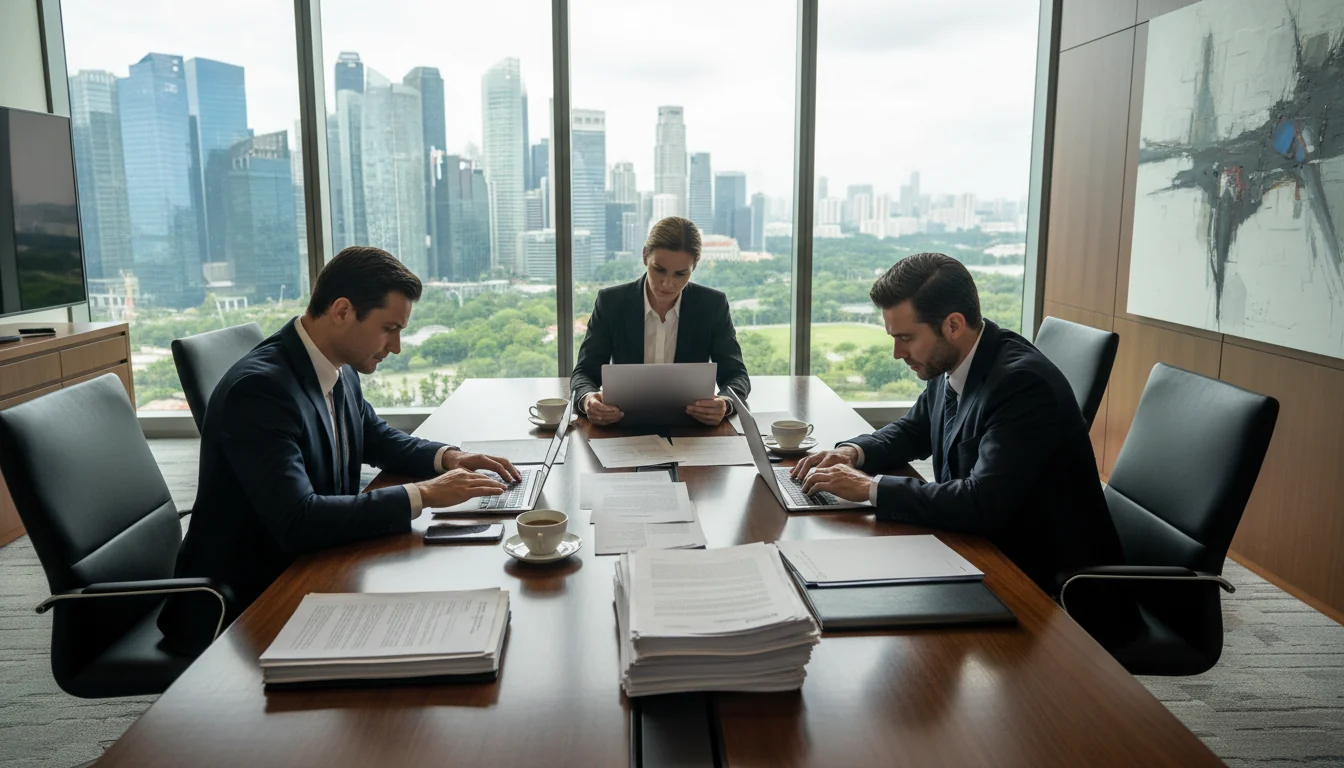 Corporate team reviewing documents
