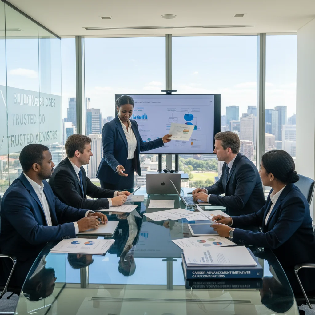 A photorealistic image of a professional corporate meeting in a modern South African office, where a diverse group of adults is discussing recommendations and career opportunities, symbolizing the purpose of letters of recommendation in corporate settings.