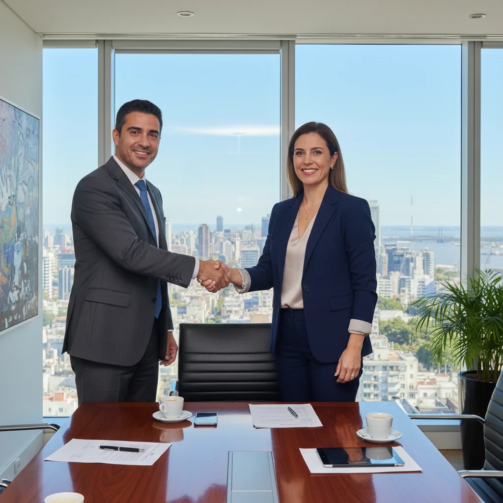 A photorealistic image of a professional business meeting in a modern Argentine office, with adults shaking hands over a table, symbolizing corporate recommendations and partnerships, no children present.