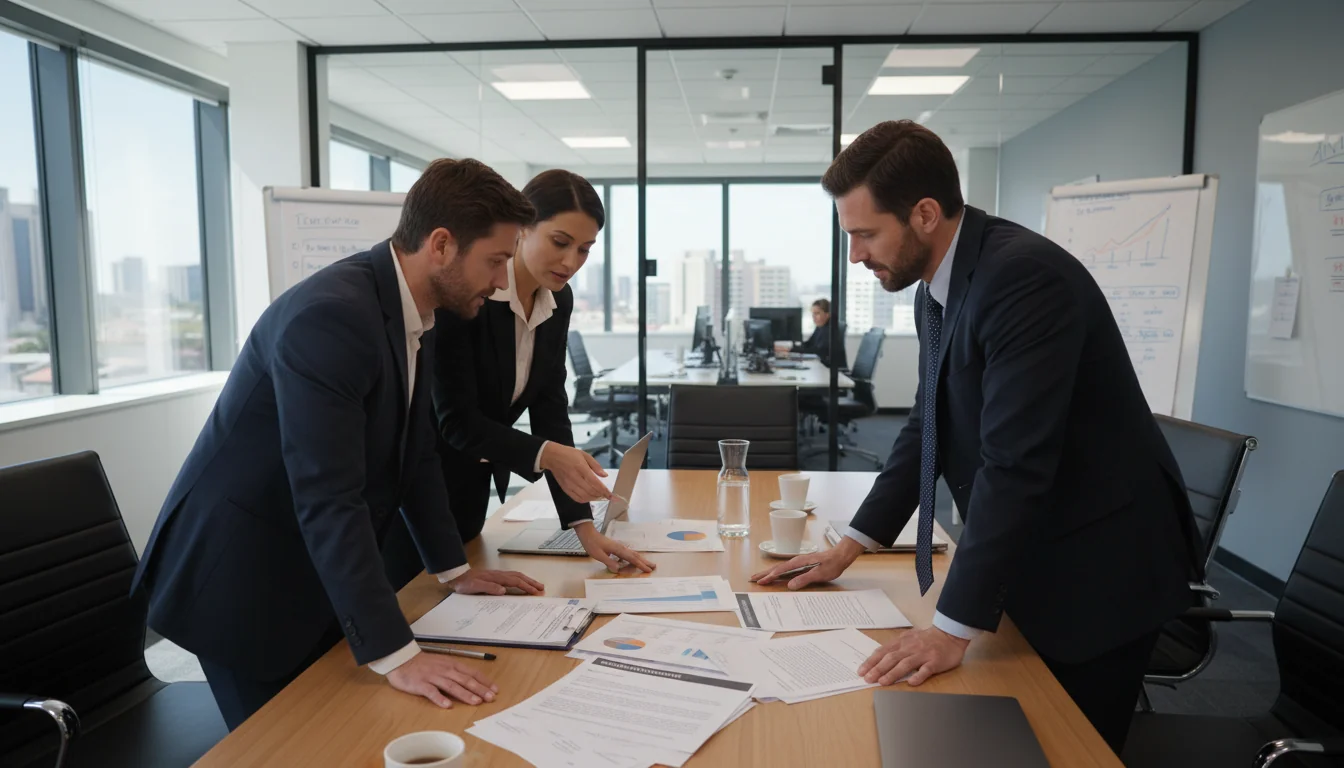Corporate team reviewing documents