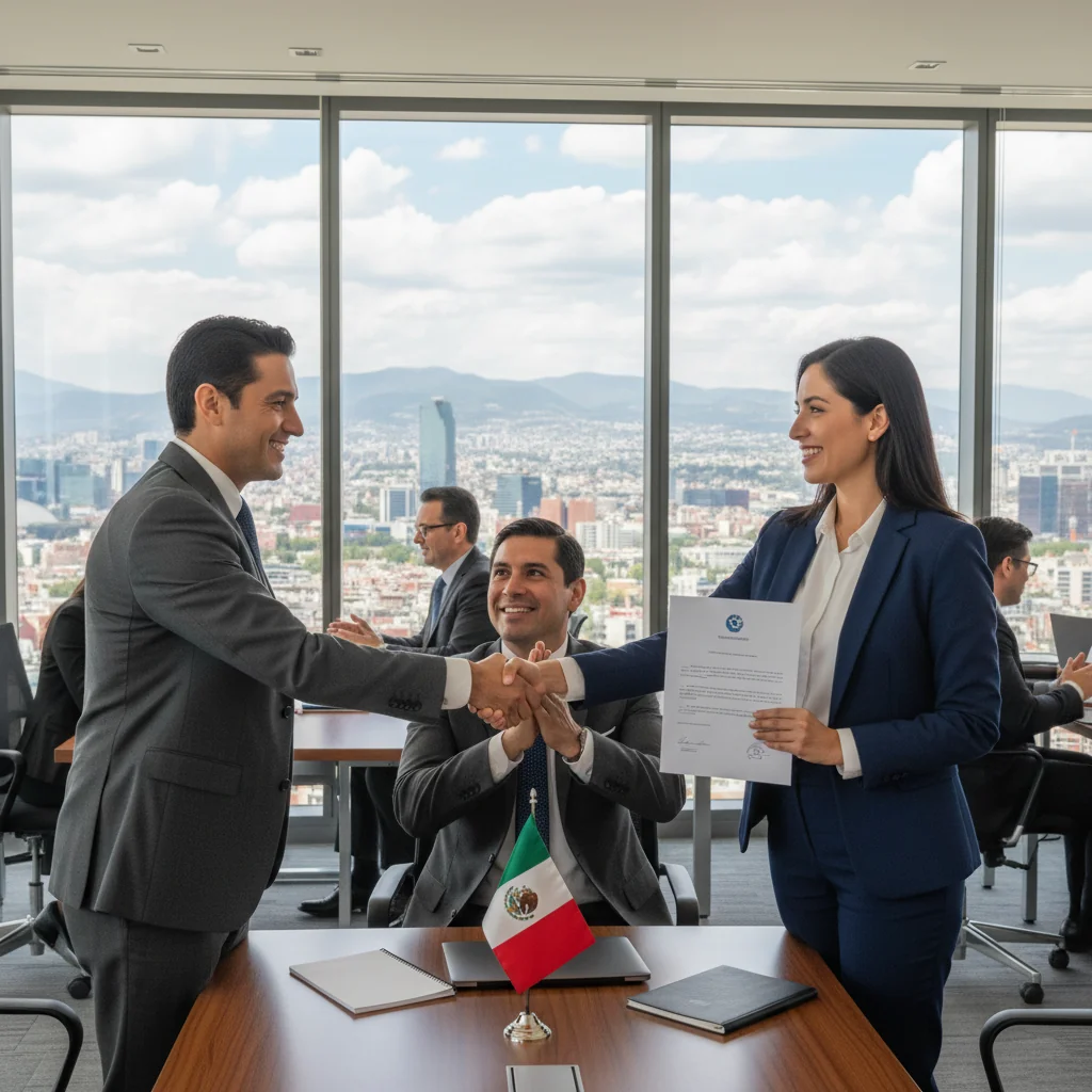 A professional corporate scene in Mexico representing recommendation letters for business purposes, showing a diverse group of adult business professionals in a modern office setting, shaking hands or discussing over a meeting table, with subtle Mexican cultural elements like a flag or city skyline in the background, photorealistic style.