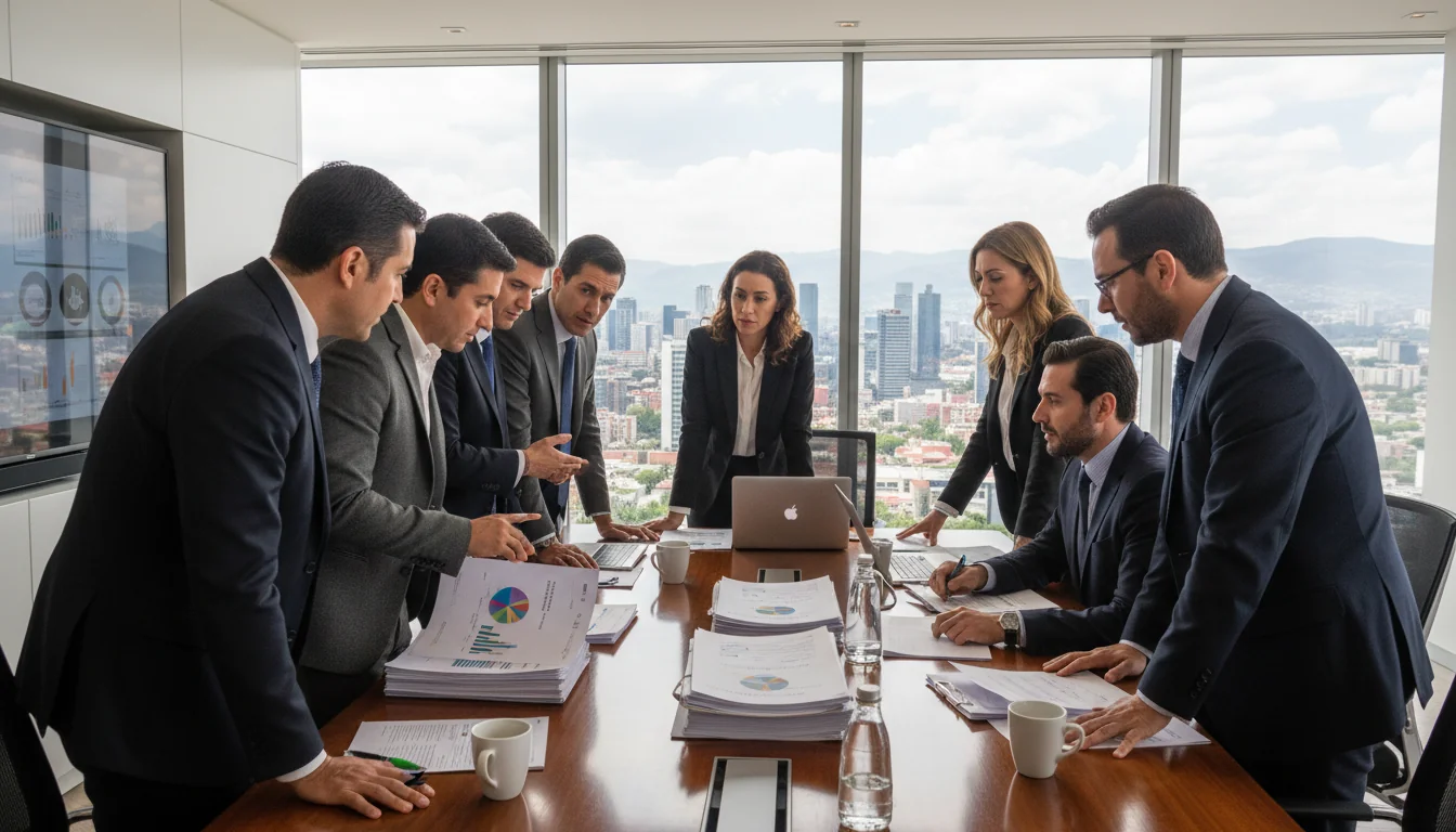 Corporate team reviewing documents