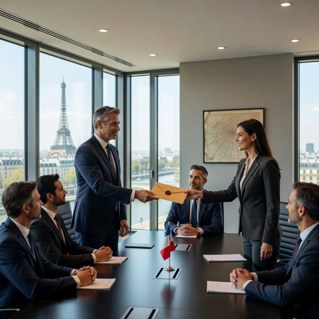 A photorealistic image of a professional business meeting in a modern French corporate office, where an executive is handing a recommendation letter envelope to a colleague, symbolizing career advancement and professional endorsement in France. The scene captures the essence of corporate recommendation processes without showing the document itself, featuring adults in business attire in a sophisticated setting with subtle French elements like Eiffel Tower view in the background. No children are present.