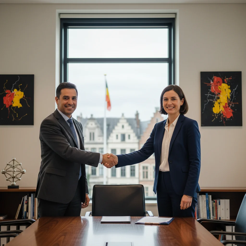 A photorealistic image of a professional business meeting in a modern Belgian office, with adults shaking hands over a table, symbolizing endorsement and recommendation in a corporate context, evoking trust and career advancement.
