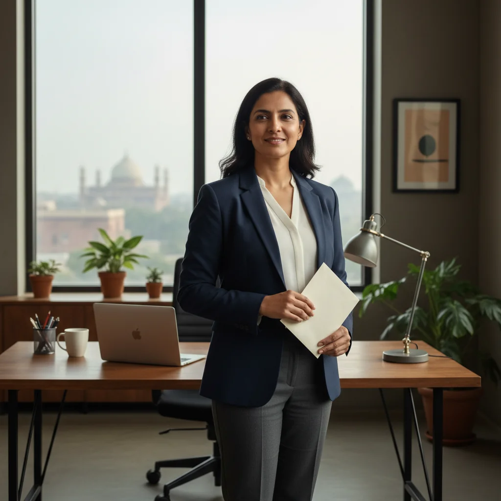 A photorealistic image of a professional Indian businessperson in a corporate office setting in India, holding a formal recommendation letter envelope, symbolizing the purpose of सिफारिश पत्र as a corporate endorsement document, with elements like a modern office desk and Indian cultural touches in the background, conveying trust and opportunity in a business context.