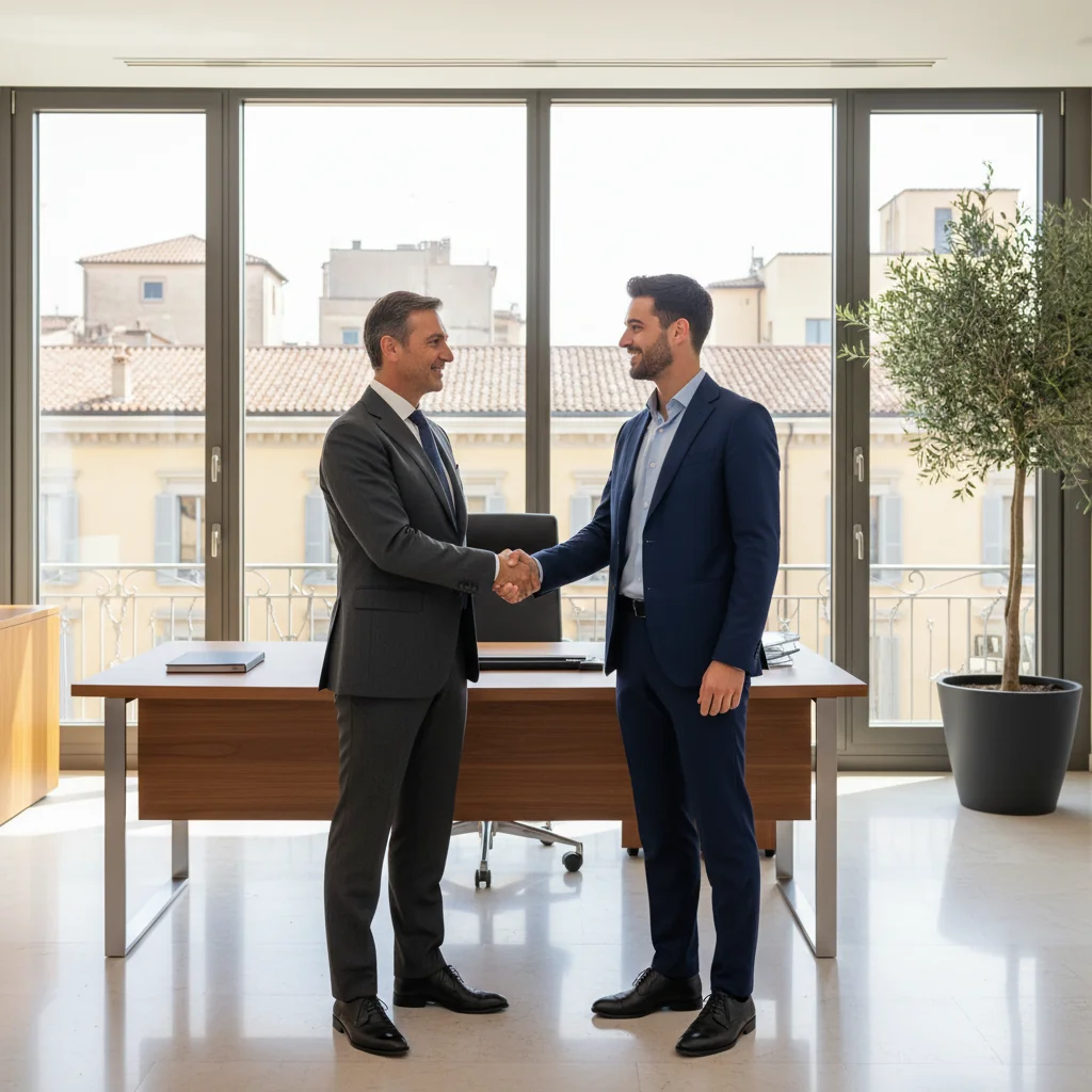 A professional business scene in an Italian corporate office, featuring a manager shaking hands with a new employee across a desk, symbolizing recommendation and hiring endorsement, with subtle Italian elements like a flag or map in the background.