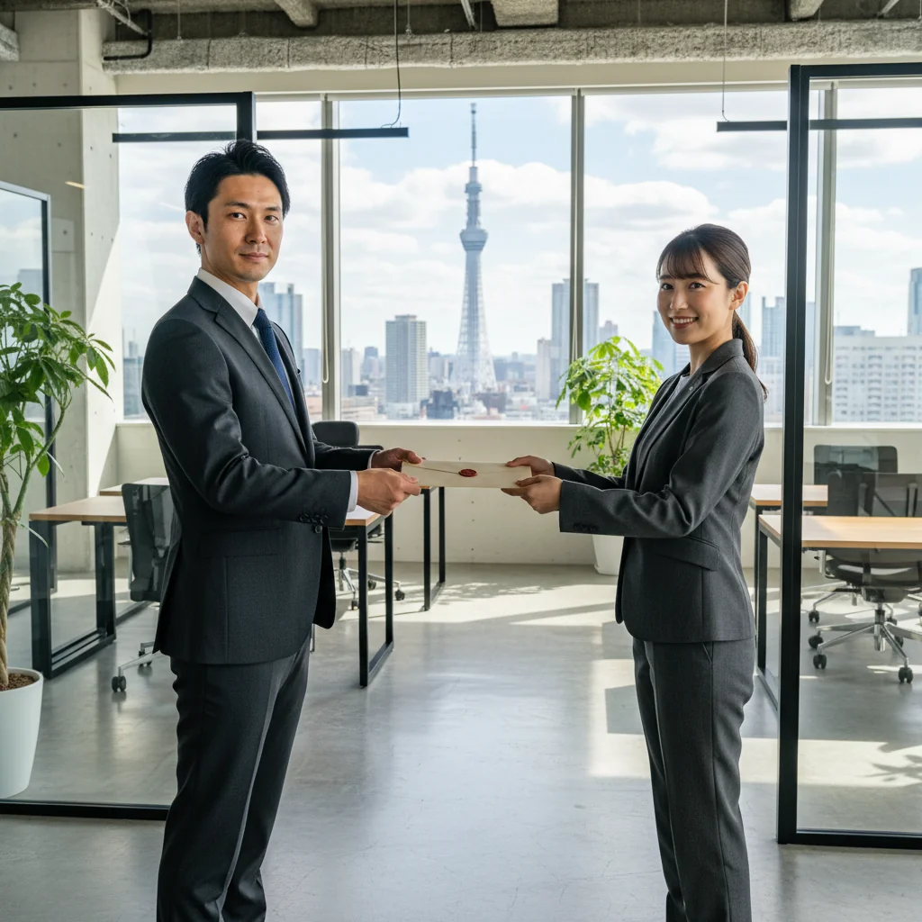 A photorealistic image of a professional Japanese office scene, showing an adult businessperson in a suit receiving a formal recommendation letter from a colleague in a modern office environment, symbolizing the purpose of recommendation letters for job opportunities or academic advancements in Japan, with no children present and no visible text or documents.