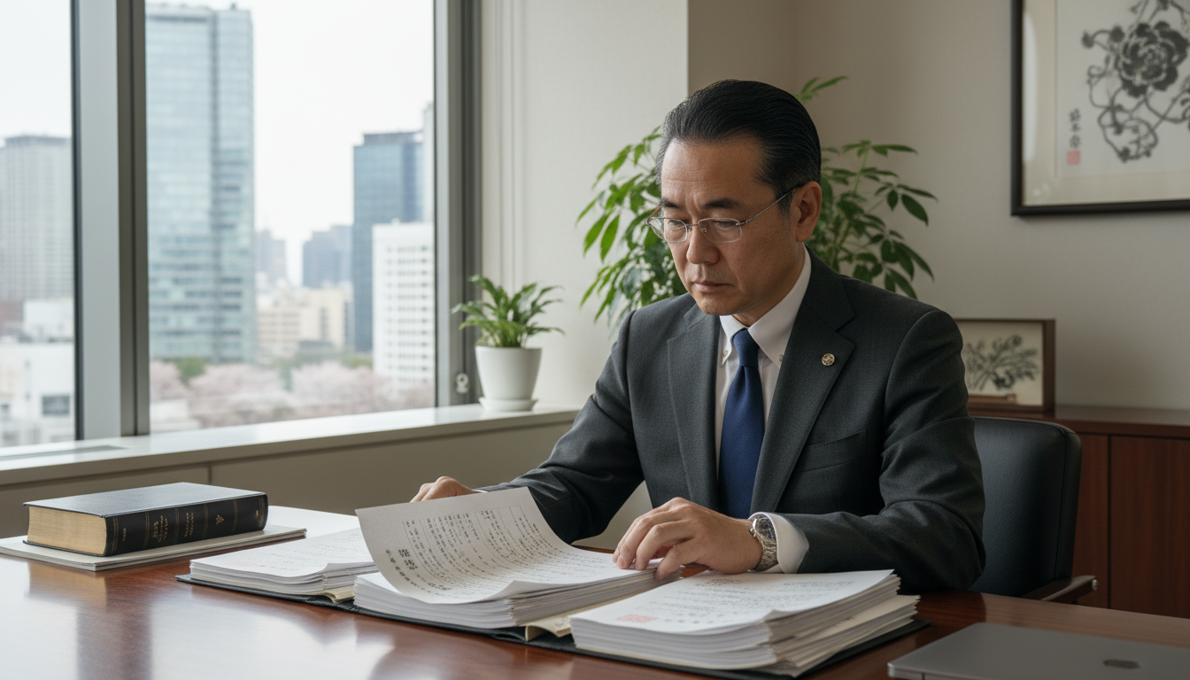 Japanese lawyer reviewing legal papers