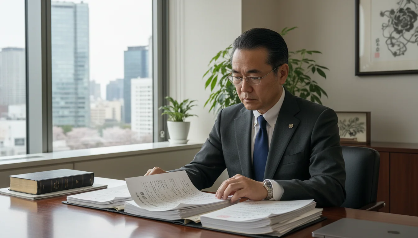 Japanese lawyer reviewing legal papers