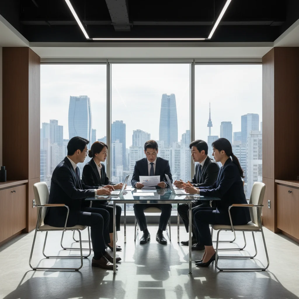 A photorealistic image of a professional business meeting in a modern South Korean corporate office, with adults in business attire discussing documents around a conference table, symbolizing the importance of recommendation letters in professional contexts.