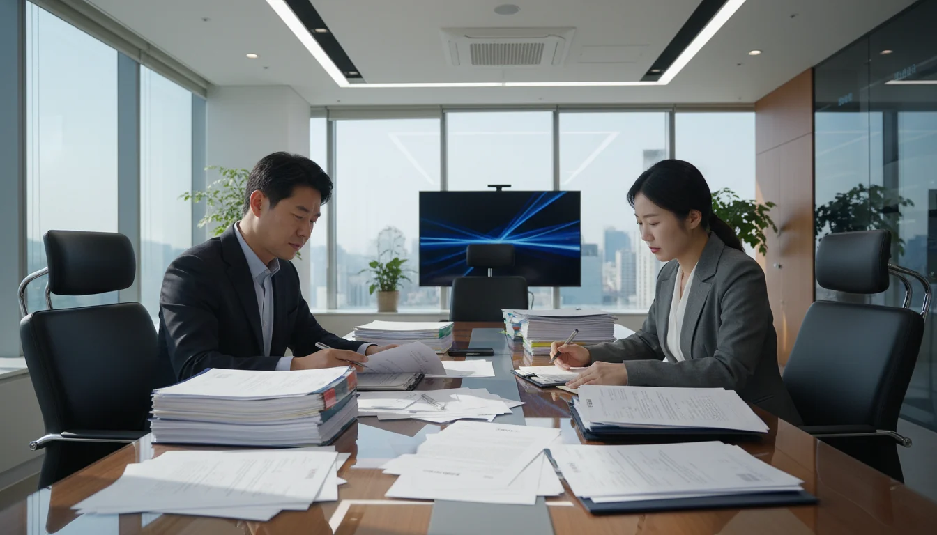 Business professionals reviewing corporate papers