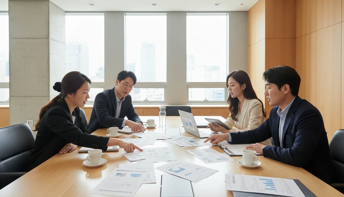 Team discussing South Korean business docs