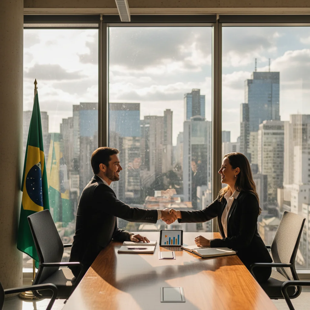 A photorealistic image of a professional business meeting in a modern Brazilian office, where a manager is handing a recommendation letter to an employee, symbolizing career advancement and professional endorsement in a corporate setting. The scene captures diverse adults in business attire, with Brazilian cultural elements like a flag or cityscape in the background, conveying trust and opportunity without showing any documents directly.