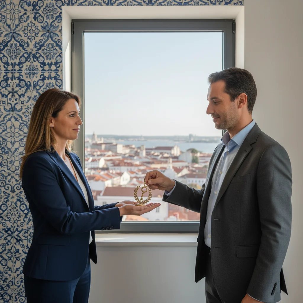 A photorealistic image of a professional adult in Portugal recommending a colleague, symbolizing the purpose of a recommendation letter for legal purposes, such as job placement or academic advancement. The scene shows two adults in a modern office setting with subtle Portuguese elements like a flag or architecture in the background, conveying trust and endorsement without displaying any documents.