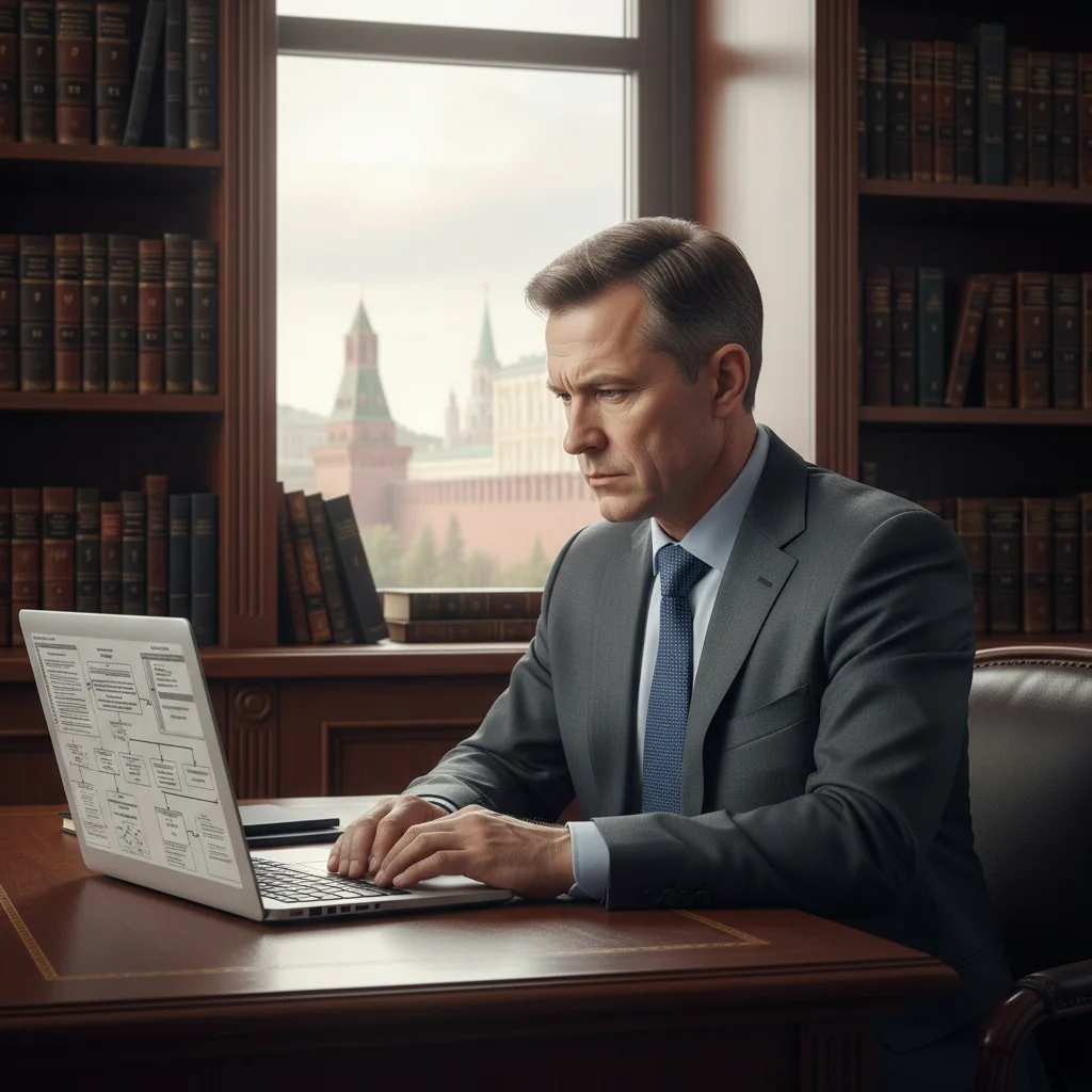 A professional scene in a modern Russian law office, showing an adult lawyer reviewing legal characteristics on a computer screen, with Russian legal books and the Kremlin visible through a window in the background, conveying the essence of understanding and handling legal documents in Russia.