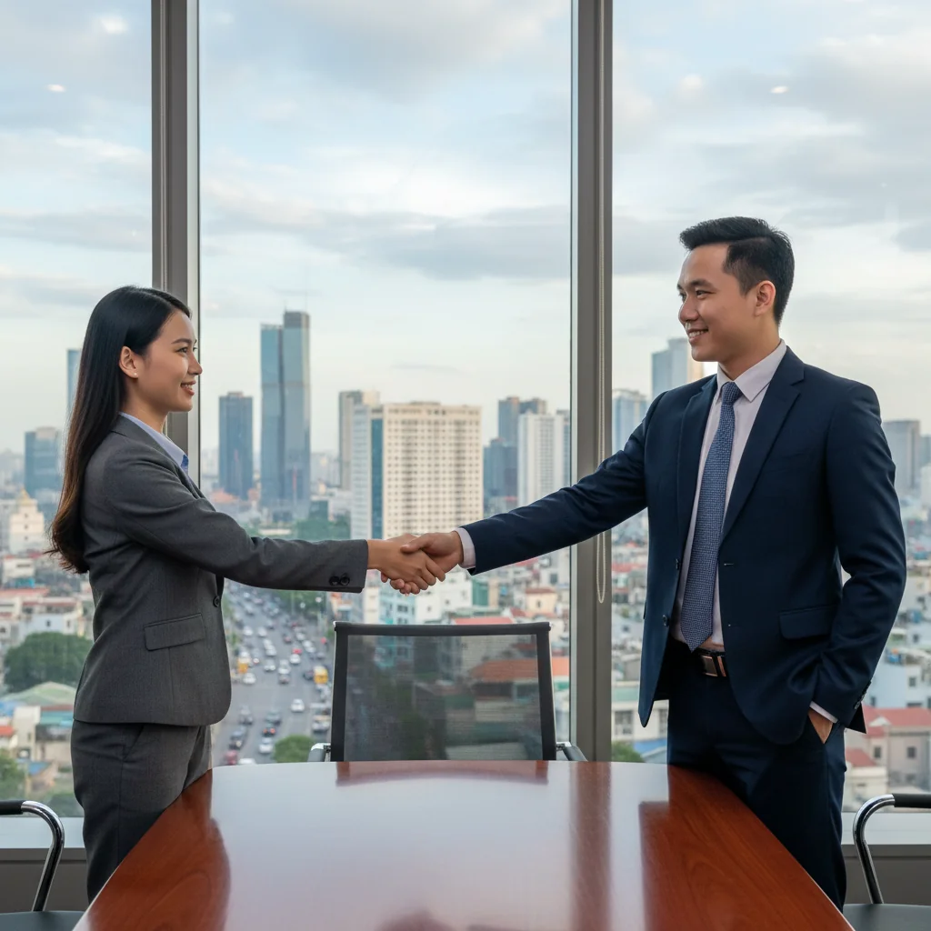 A professional Vietnamese business scene representing the purpose of a corporate introduction letter, showing a confident adult business professional in a modern office in Vietnam, shaking hands with a colleague during a formal meeting, symbolizing professional endorsements and opportunities, with subtle Vietnamese cultural elements like a city skyline view from the window, photorealistic style.