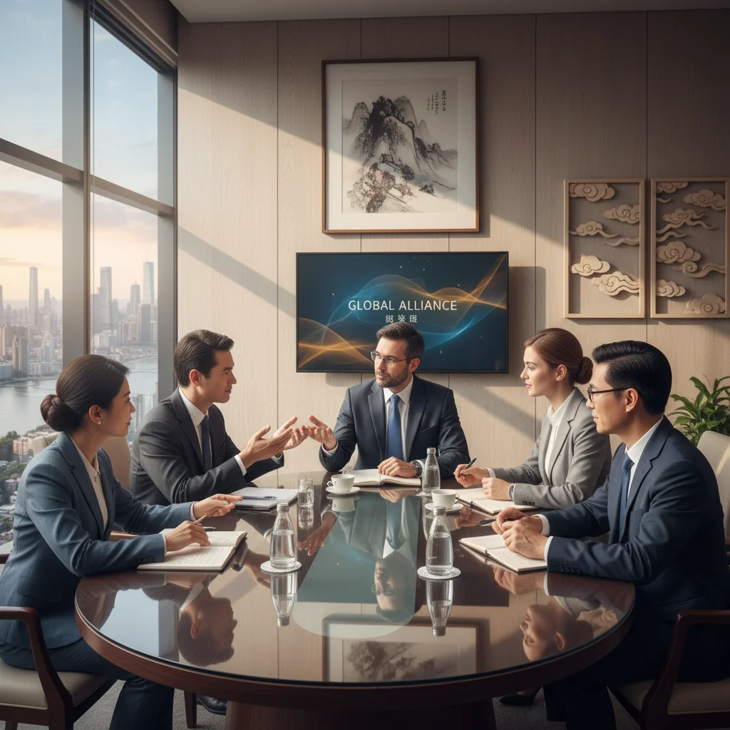 A photorealistic image of a professional business meeting in a modern Chinese corporate office, where adults are reviewing important documents together, symbolizing trust and recommendation in business dealings, with no children present and no focus on the documents themselves.
