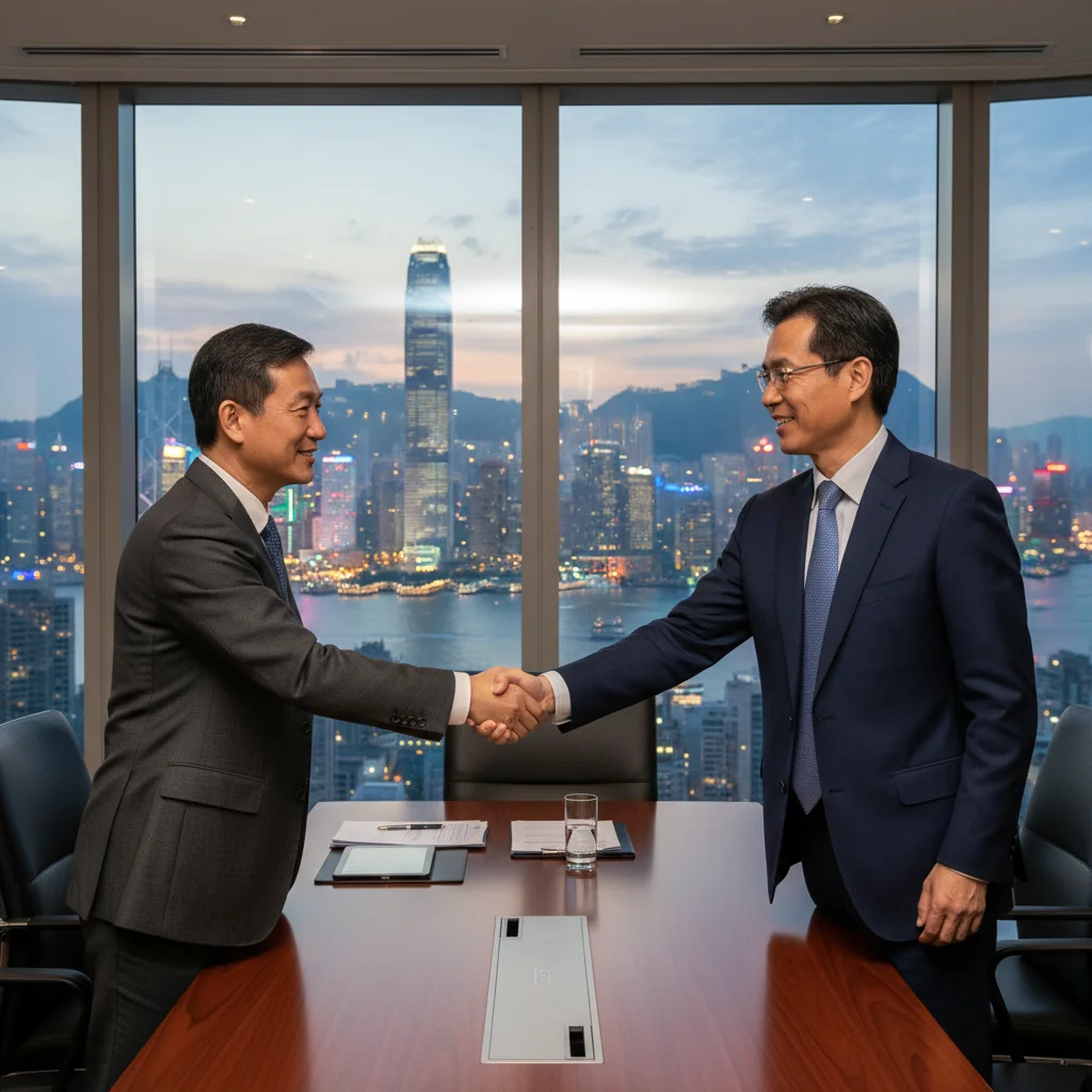 A photorealistic image of a professional business meeting in a modern Hong Kong office, with diverse adults shaking hands over a table, symbolizing the endorsement and recommendation in corporate documents, with a city skyline view in the background. No children present.