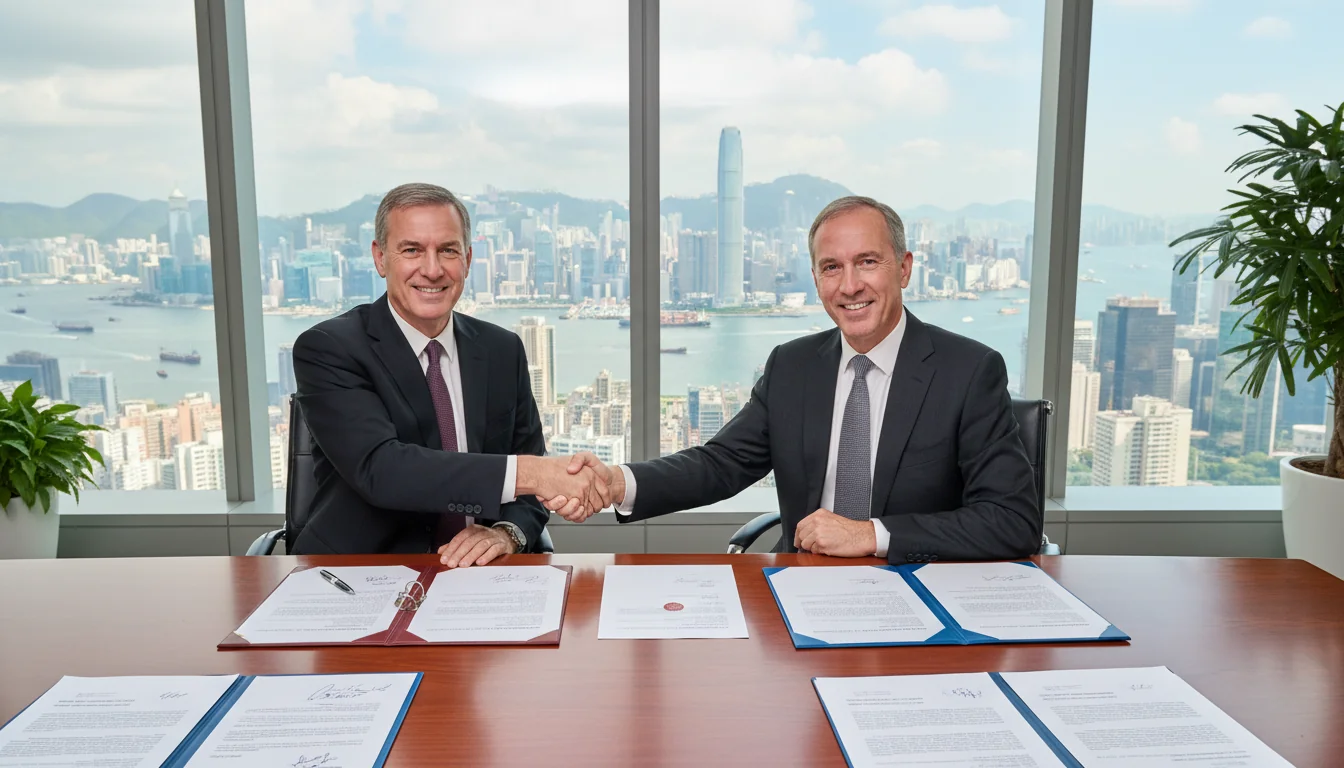 Business handshake over Hong Kong documents