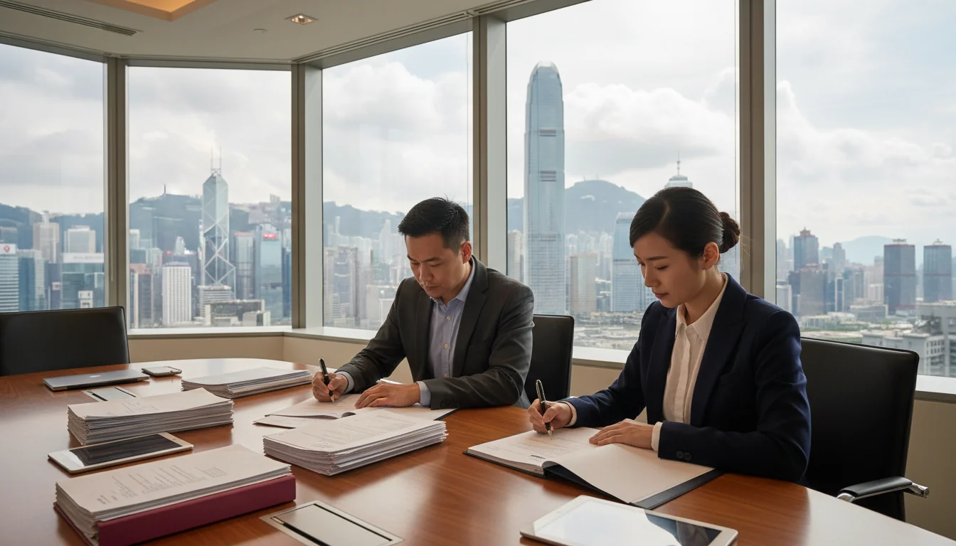 Hong Kong office workers signing documents