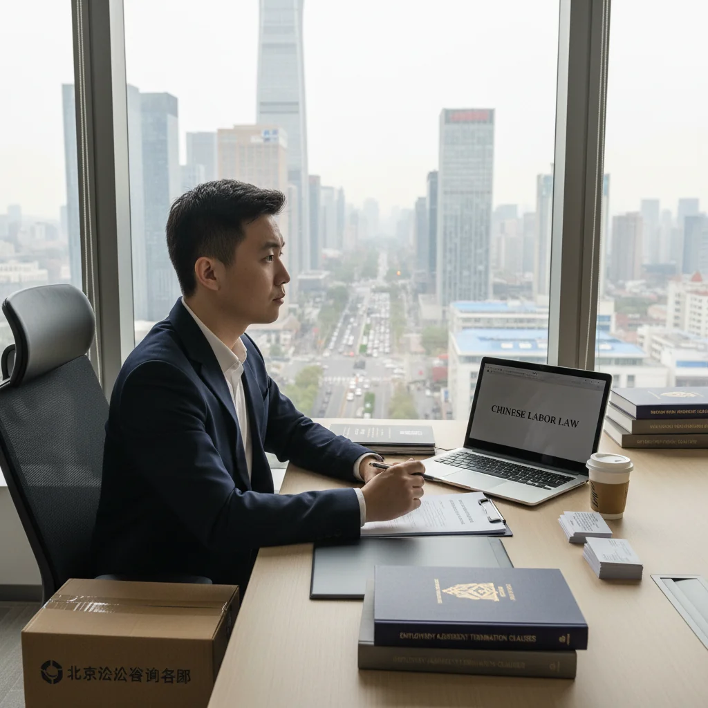 A photorealistic image of a thoughtful adult Chinese professional in a modern office setting, contemplating their career decision with a subtle expression of determination, symbolizing the process of resignation under labor laws.