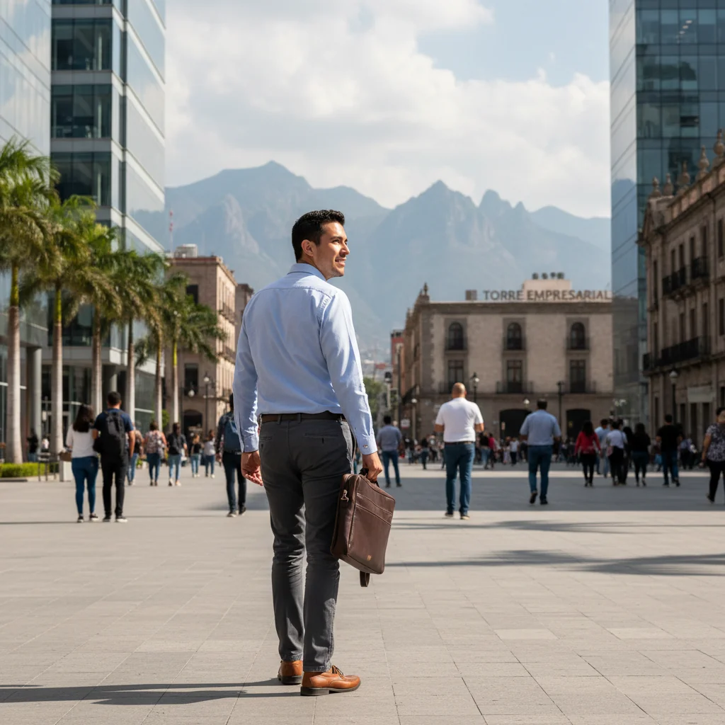 A photorealistic image depicting a Mexican professional in their late 20s or 30s, dressed in business casual attire, walking confidently away from a modern office building in an urban Mexican city setting like Mexico City, symbolizing resignation and moving on to new opportunities. The person carries a briefcase and looks empowered, with a cityscape background including subtle Mexican cultural elements like a flag or street signs. No children are present in the scene.