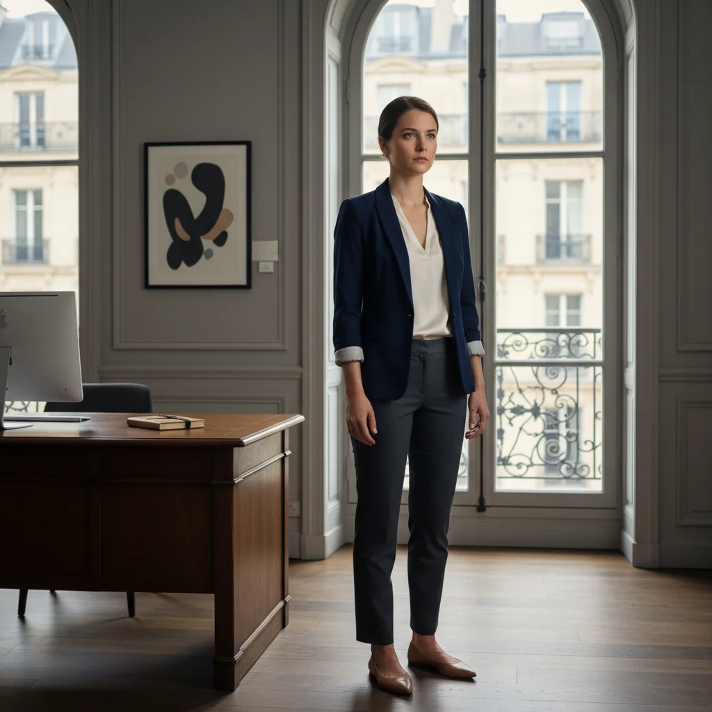 A photorealistic image of an adult professional in their late 20s, standing confidently in a modern office environment with a city skyline visible through large windows, symbolizing the transition from employment, evoking a sense of empowerment and new beginnings related to resigning from a job in France.