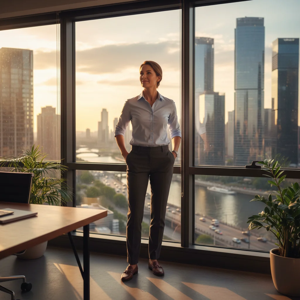A photorealistic image of an adult professional in their mid-30s, dressed in business casual attire, standing confidently in a modern office environment with large windows overlooking a cityscape. The person has a determined expression, symbolizing the decision to resign and move forward in their career, evoking a sense of empowerment and new beginnings. No children are present in the image.
