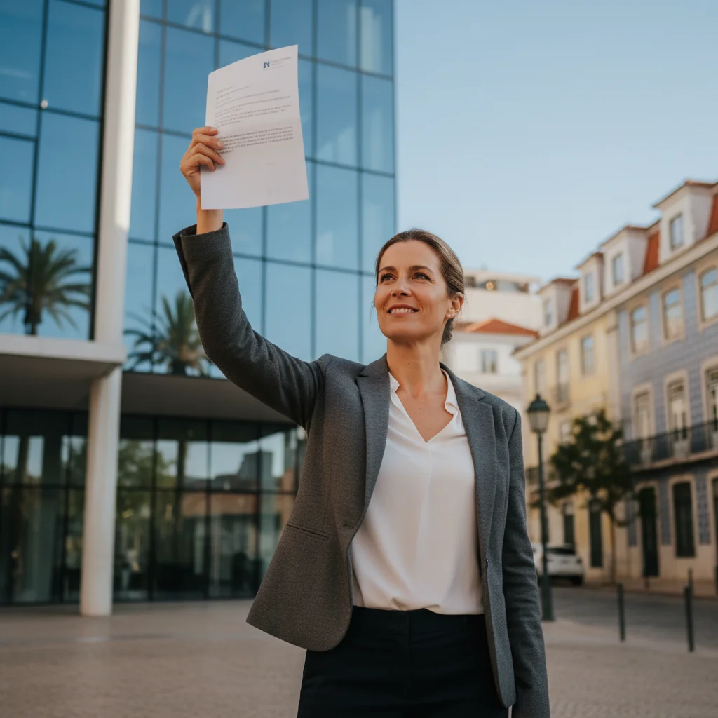A photorealistic image depicting an adult worker in Portugal confidently resigning from their job, symbolizing workers' rights upon voluntary termination. The scene shows the worker, a middle-aged professional in business attire, walking out of a modern office building in Lisbon with a determined expression, carrying a briefcase, under a clear blue sky with Portuguese architecture in the background.