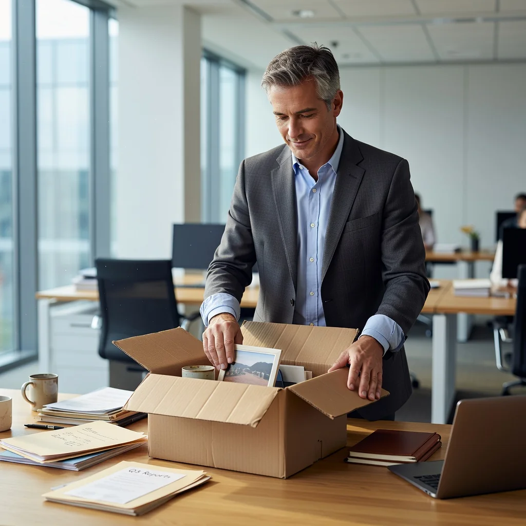 A photorealistic image symbolizing voluntary resignation from a job, showing an adult professional packing up their desk in a modern office, looking thoughtful and relieved, with subtle elements like a clock or open door suggesting moving on to new opportunities, no children present.