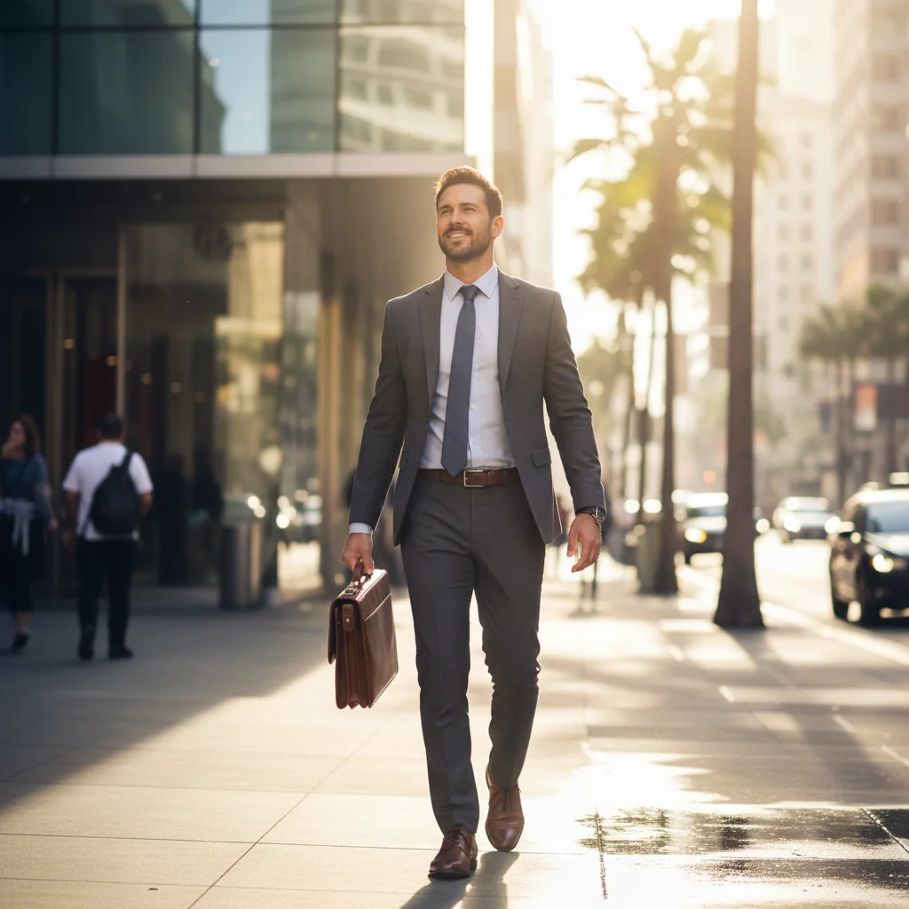 A photorealistic image of a young adult professional walking out of a modern office building with a determined expression, carrying a briefcase, symbolizing the decision to resign from a job, set during a sunny day in an urban environment.