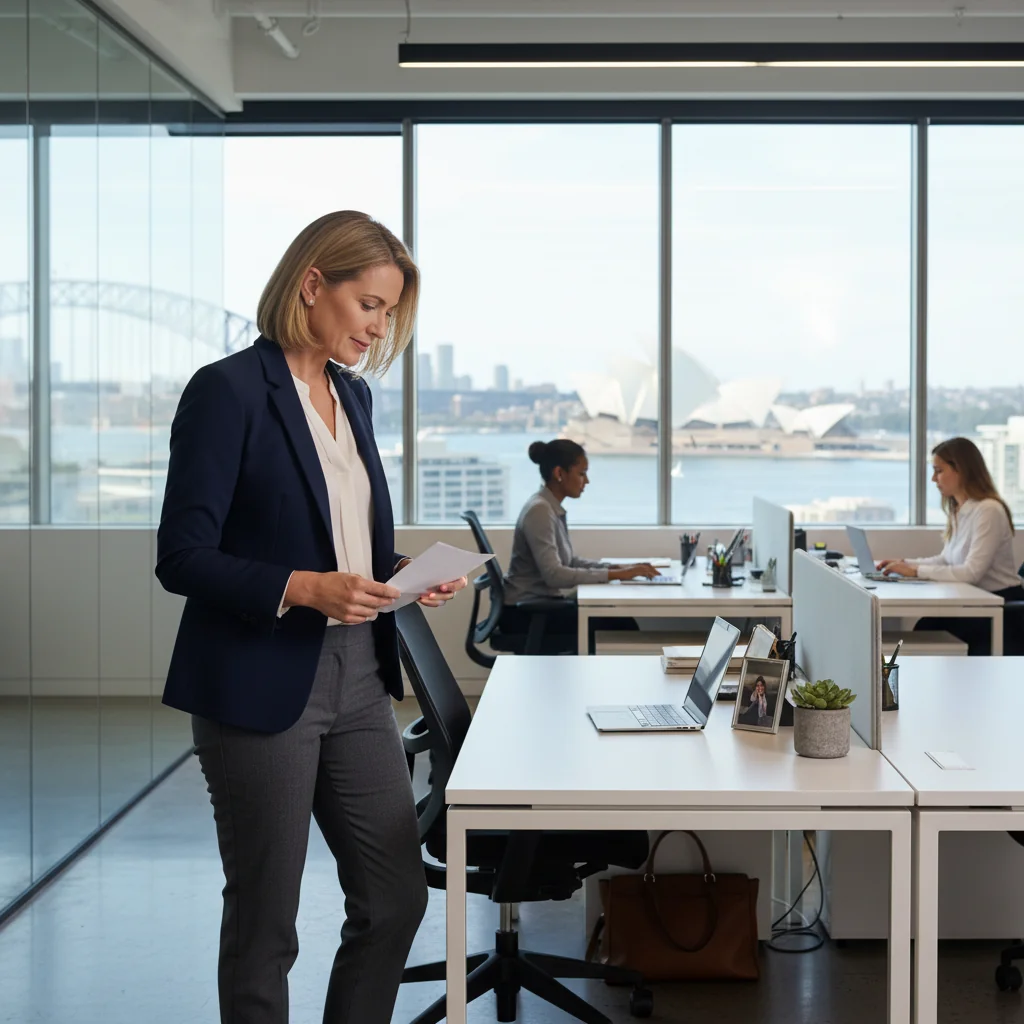 A photorealistic image depicting a professional adult employee in a modern Australian office setting, looking thoughtful while packing personal items into a box, symbolizing resignation from a job, with subtle Australian elements like a window view of Sydney skyline in the background. No children present.