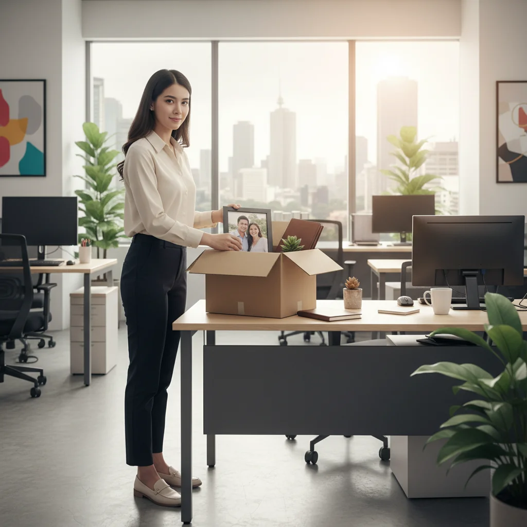 A photorealistic image of a young professional adult woman in a modern office setting in the Philippines, looking relieved and empowered as she packs her belongings into a box, symbolizing the transition after submitting a resignation letter. She smiles subtly while glancing out a window with a view of Manila skyline. No children or documents visible.