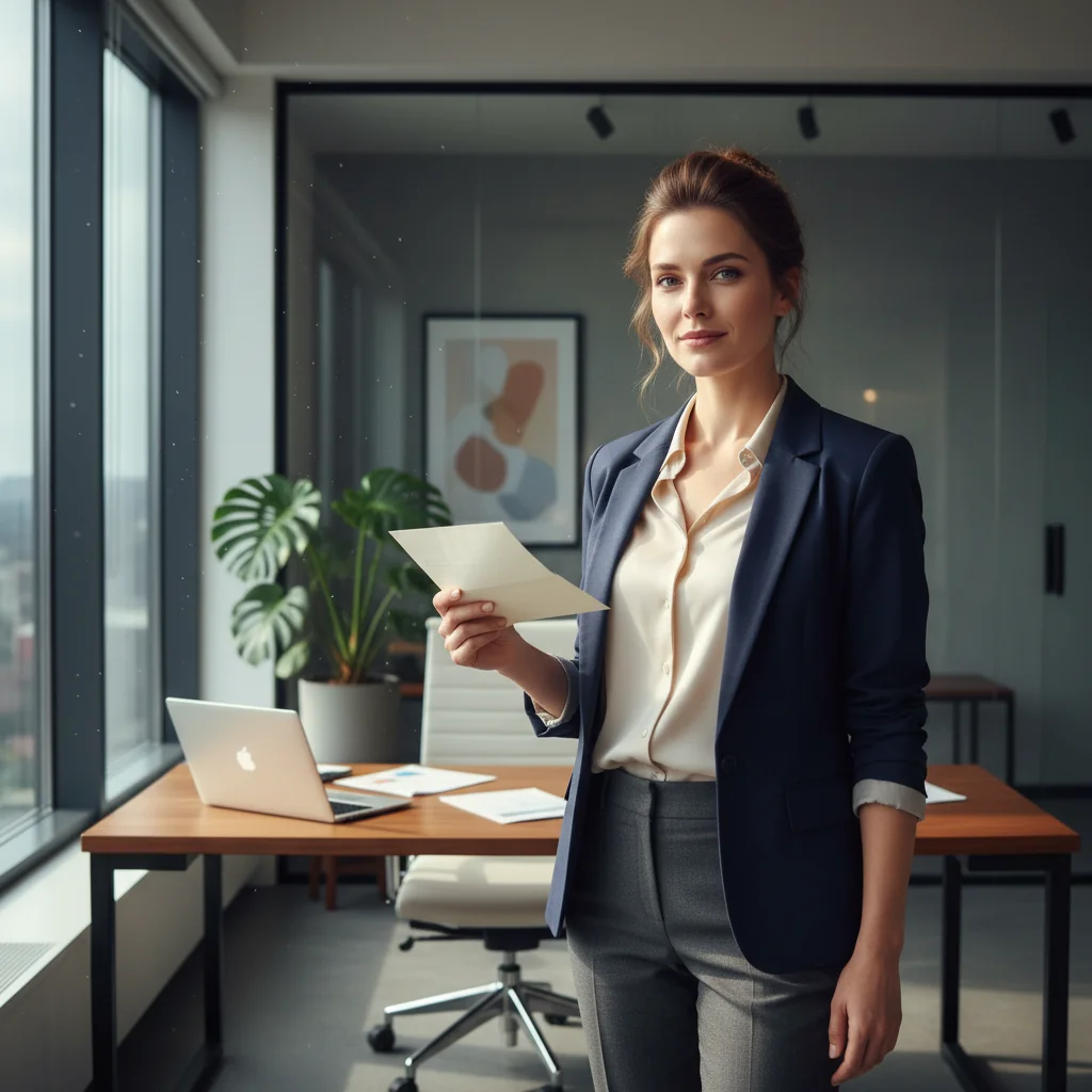 A photorealistic image of a professional adult in their late 20s standing confidently in a modern office setting, holding a resignation letter in hand, with a determined expression on their face, symbolizing empowerment and career transition. The background shows a city skyline through large windows, no children present.